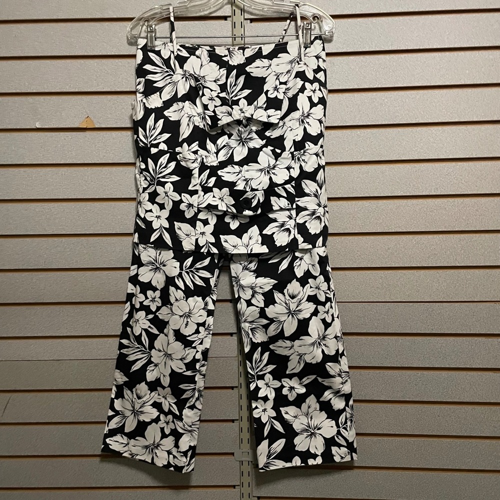 Mark Farrel Black White Floral Print Wide Leg Pants Jumpsuit Set Size 13 14